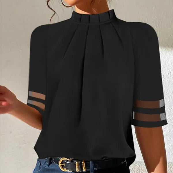 Elegante top plissettato da donna con collo alto