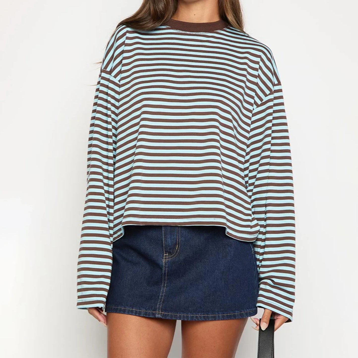 Felpa da donna oversize a righe a maniche lunghe con girocollo