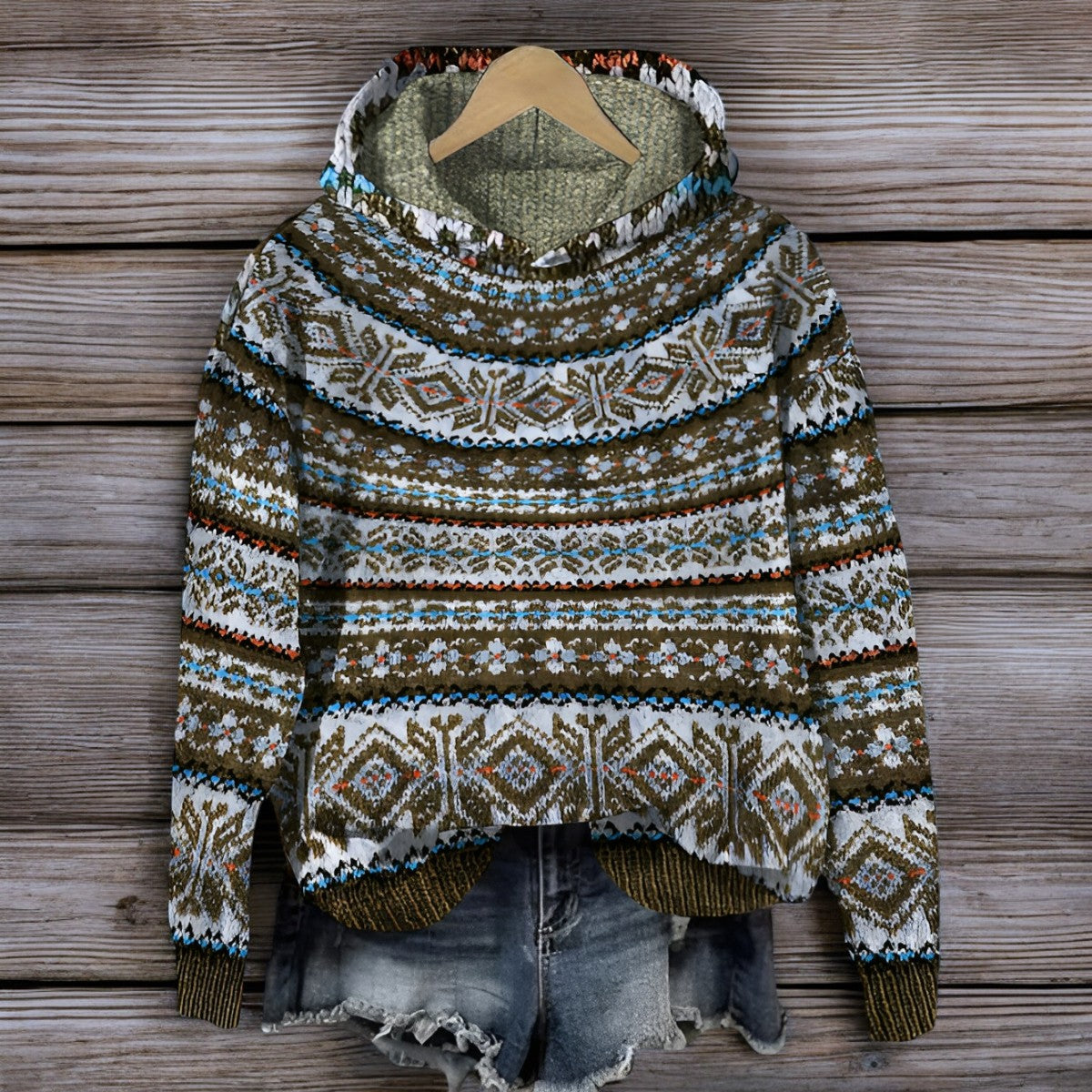 Felpa in maglia con cappuccio e motivo islandese per l'inverno
