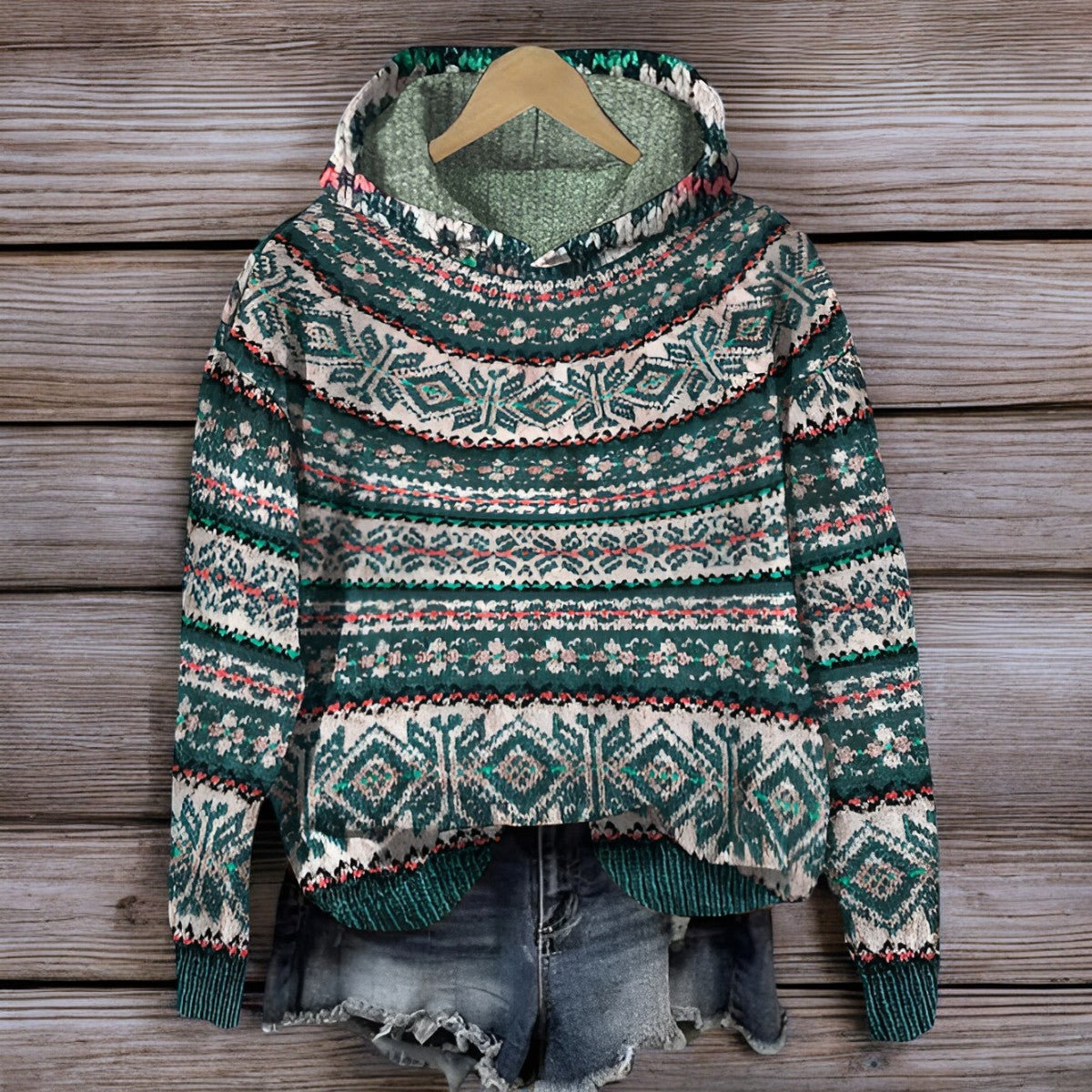 Felpa in maglia con cappuccio e motivo islandese per l'inverno