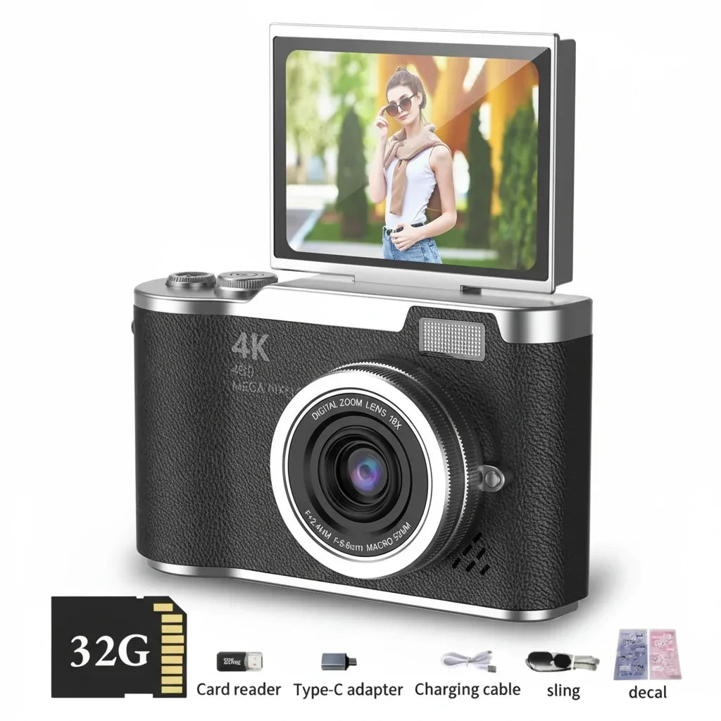 Fotocamera Digitale Compatta 4K con Schermo Ribaltabile, 48 MP, Zoom 8X per Foto e Video