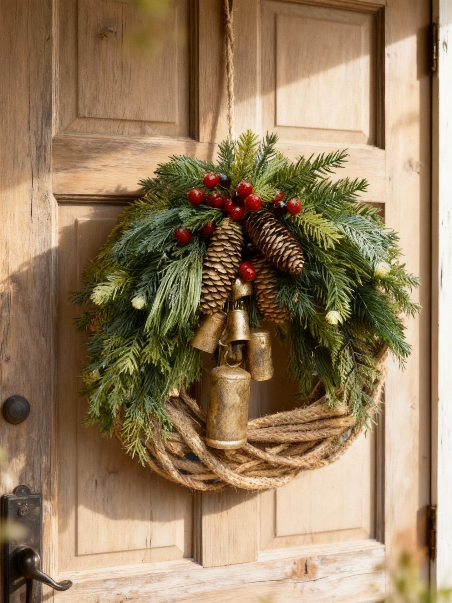Ghirlanda invernale artigianale in stile boho con campanelle, pigne e bacche per interno ed esterno