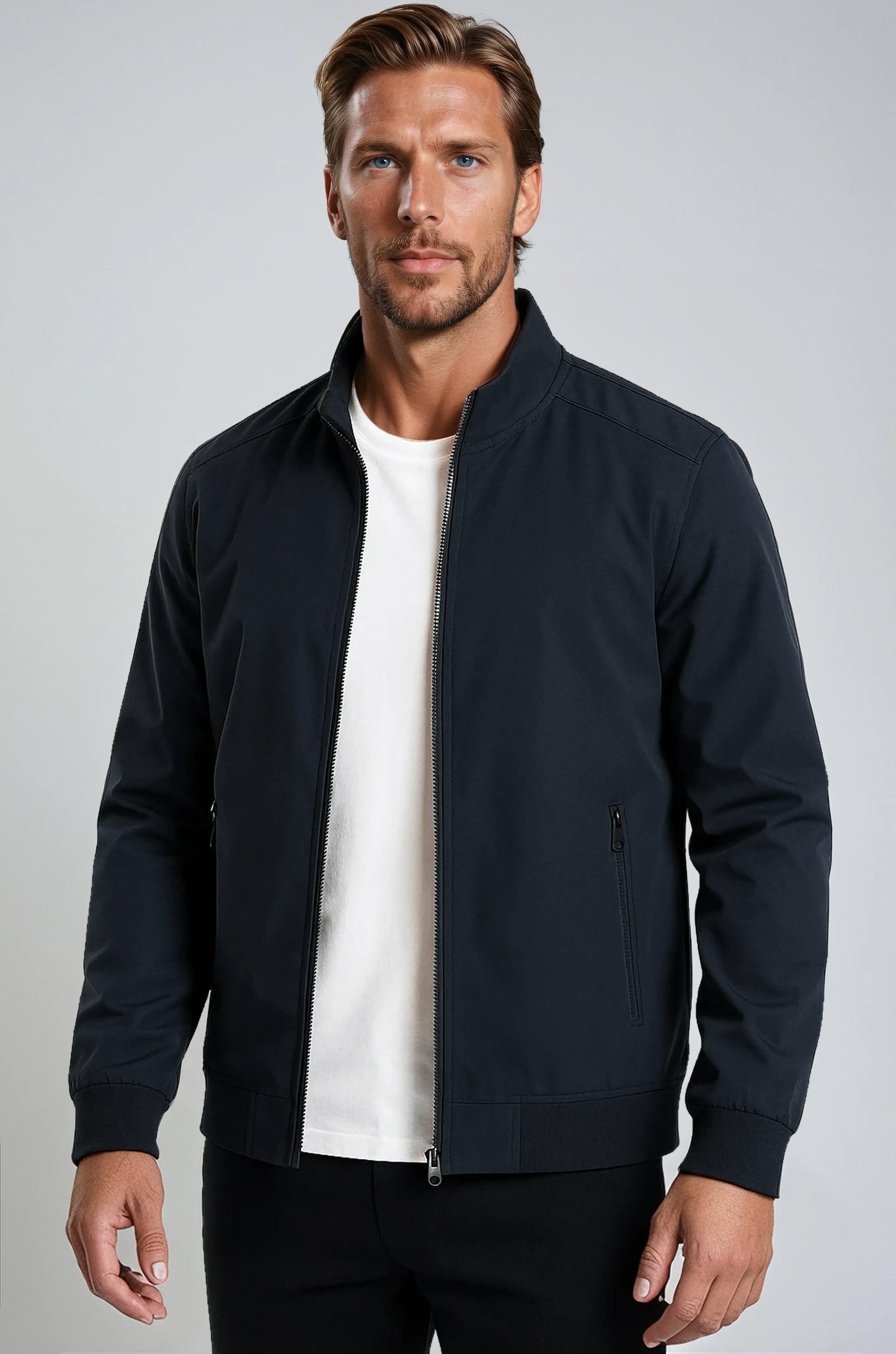 Giacca bomber classica da uomo blu scuro con zip – Giacca mezza stagione leggera in resistente poliestere con tasche e bordi a costine
