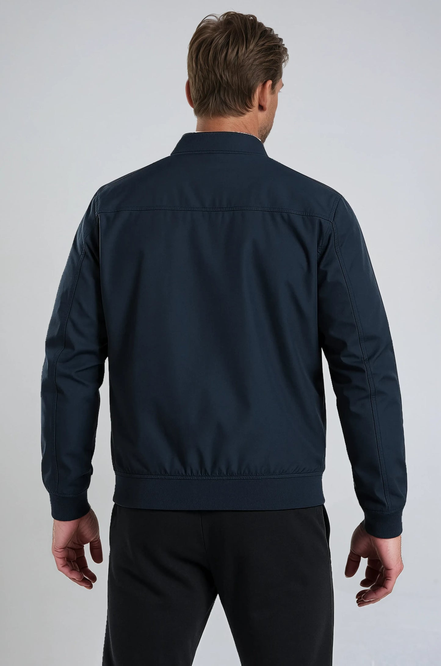 Giacca bomber classica da uomo blu scuro con zip – Giacca mezza stagione leggera in resistente poliestere con tasche e bordi a costine
