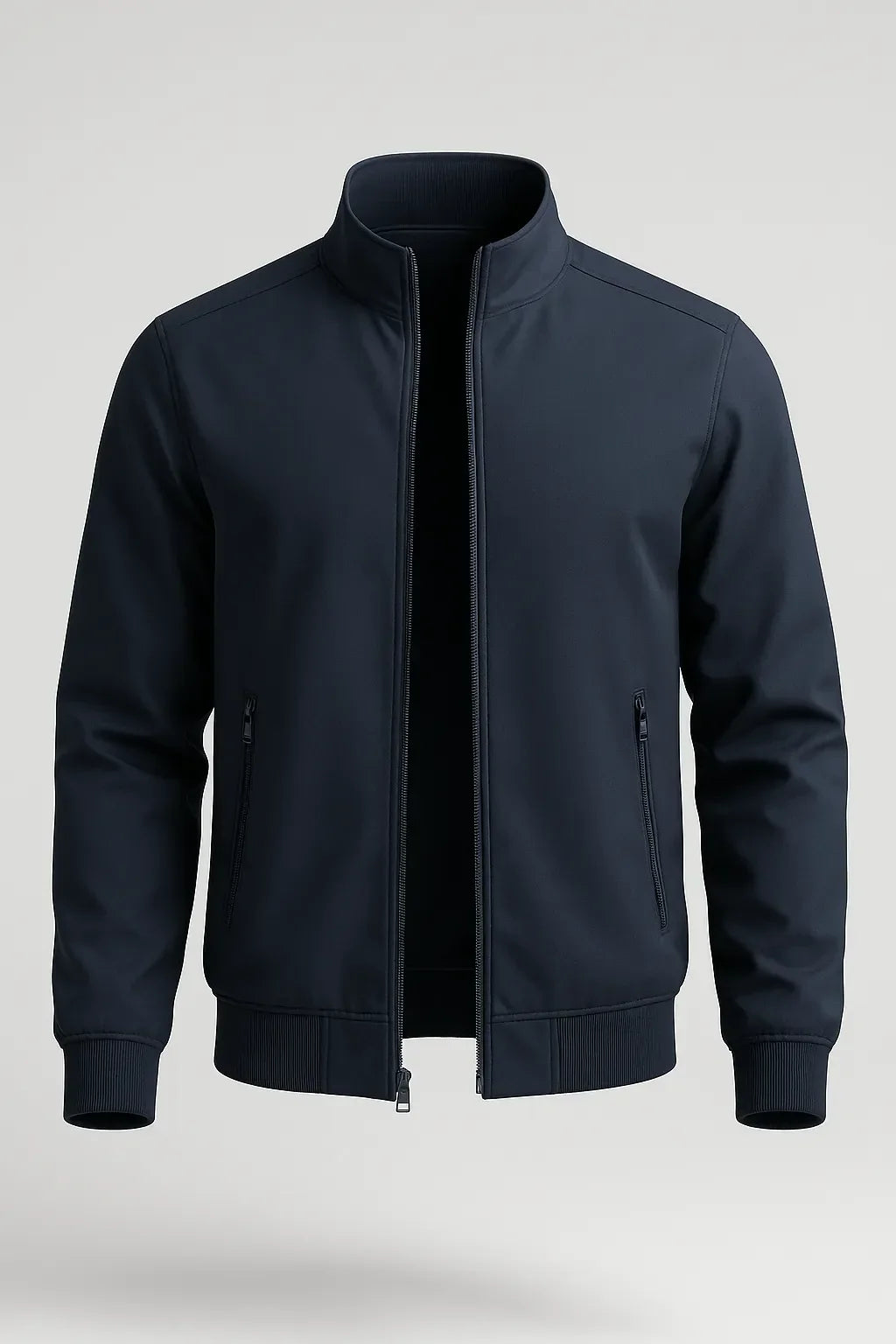 Giacca bomber classica da uomo blu scuro con zip – Giacca mezza stagione leggera in resistente poliestere con tasche e bordi a costine