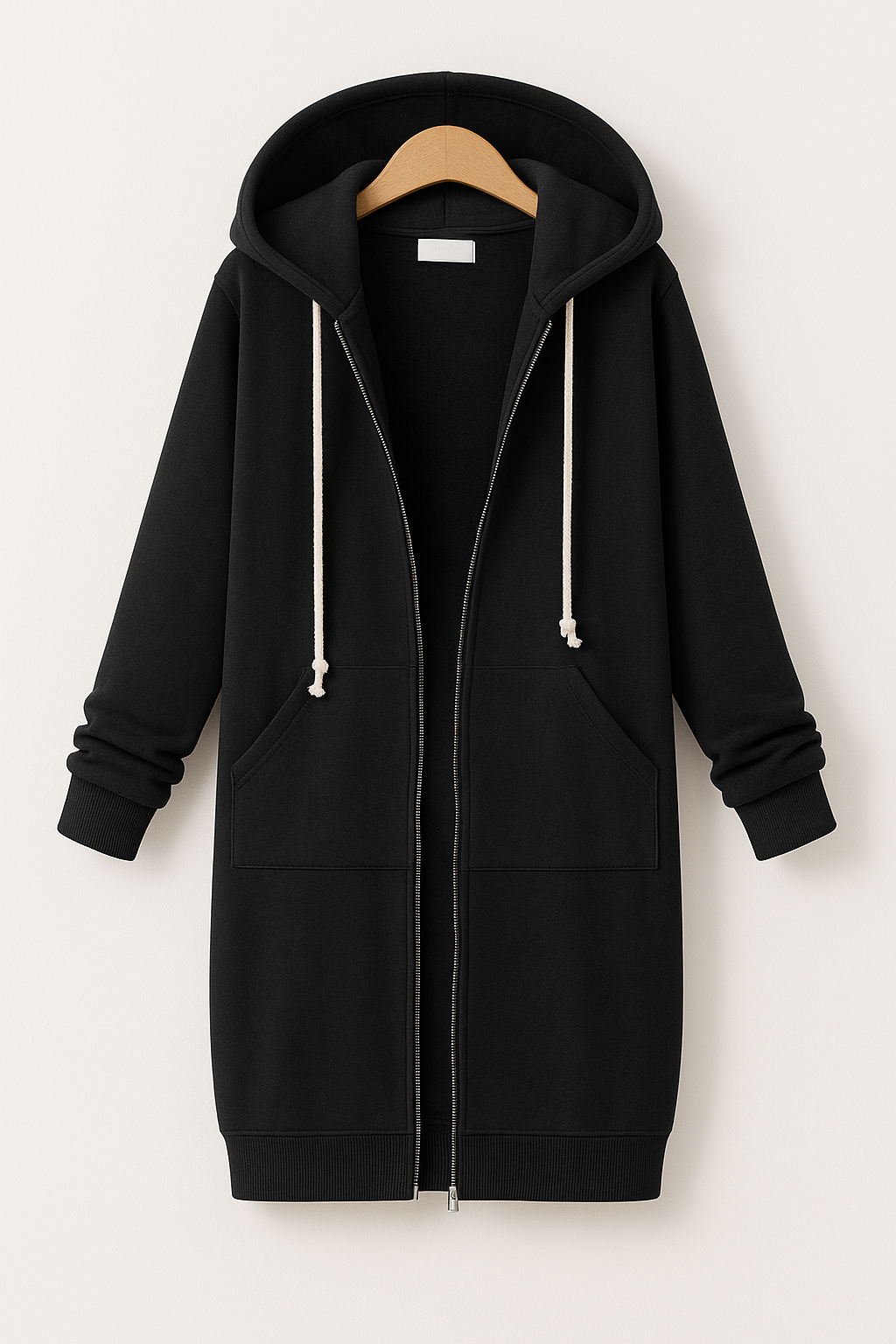 Giacca felpata lunga da donna con cappuccio e zip