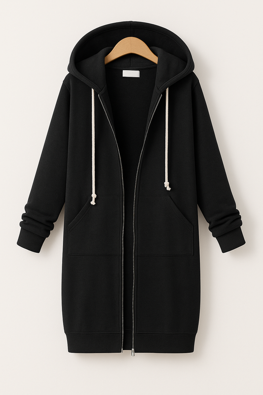 Giacca felpata lunga da donna con cappuccio e zip