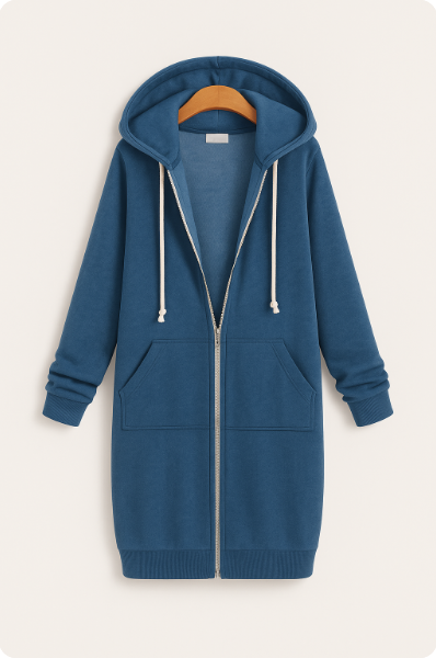 Giacca felpata lunga da donna con cappuccio e zip