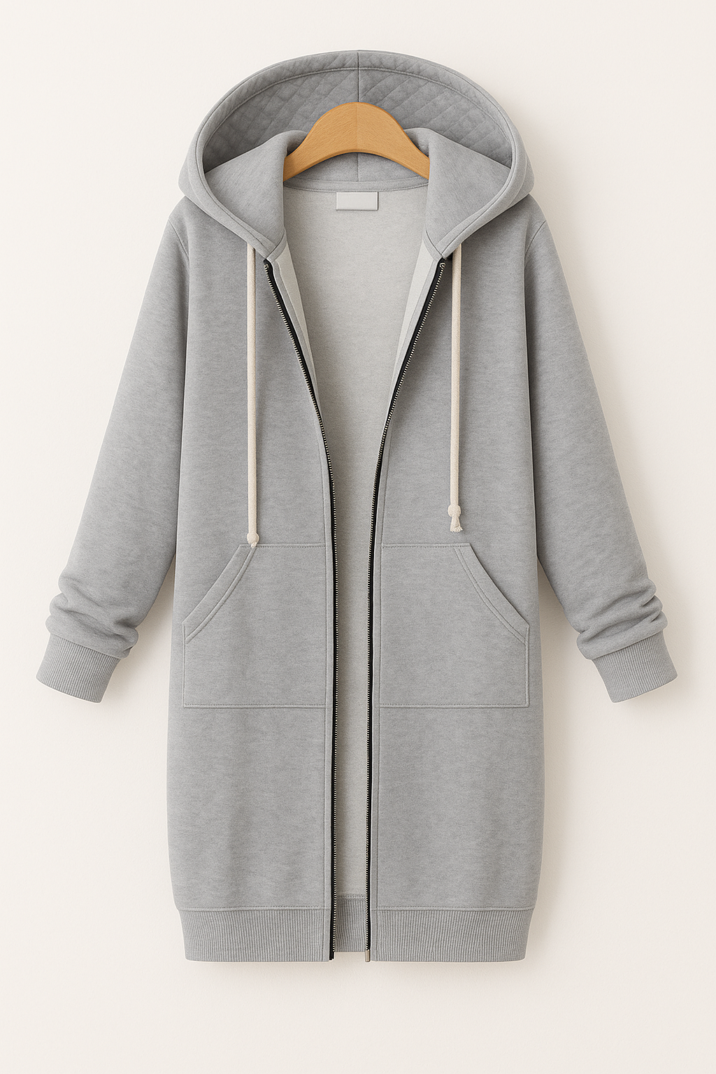 Giacca felpata lunga da donna con cappuccio e zip