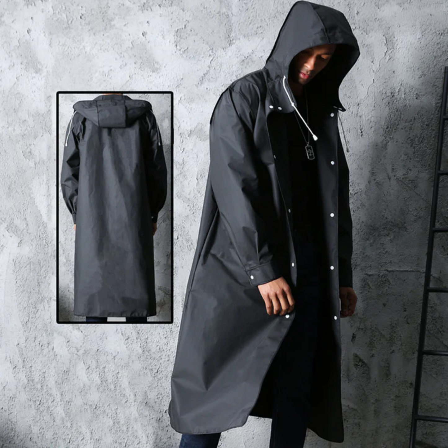 Giacca impermeabile lunga da uomo con cappuccio