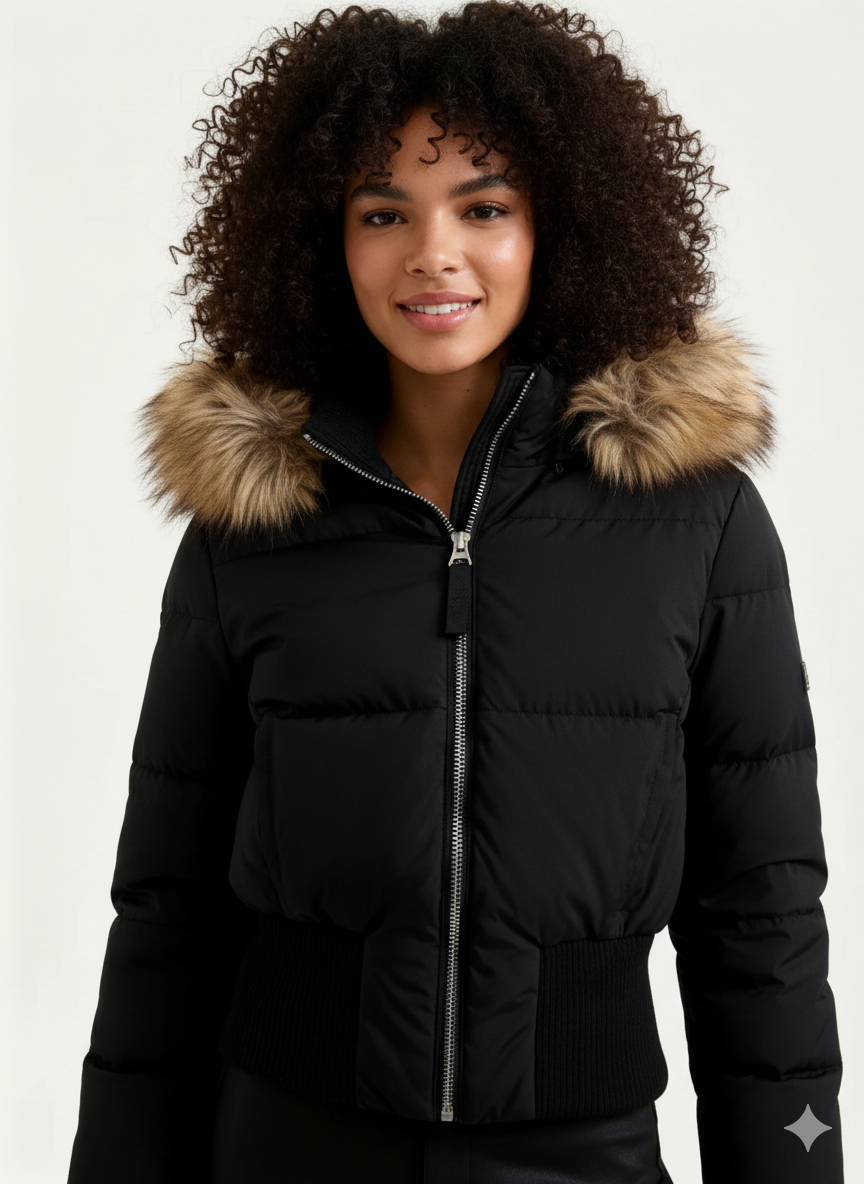 Giacca Invernale da Donna Trapuntata con Cappuccio in Pelliccia Sintetica – Cappotto Corto Caldo Imbottito con Bordo a Coste e Zip Integrale