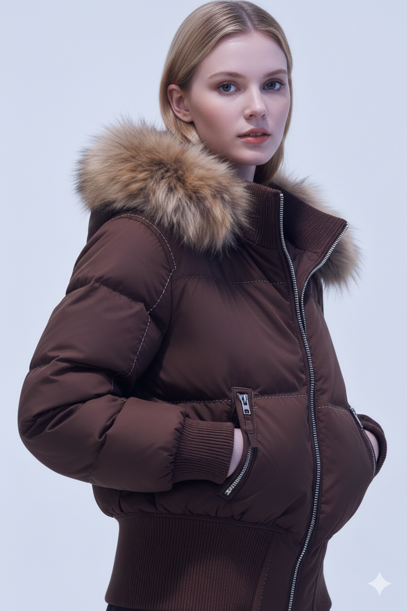 Giacca Invernale da Donna Trapuntata con Cappuccio in Pelliccia Sintetica – Cappotto Corto Caldo Imbottito con Bordo a Coste e Zip Integrale