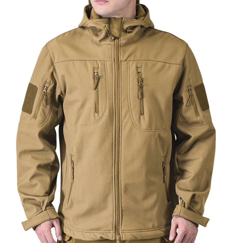 Giacca militare da uomo in softshell impermeabile con cappuccio