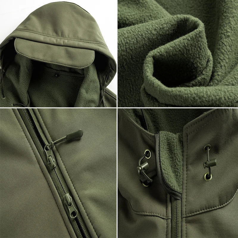 Giacca militare da uomo in softshell impermeabile con cappuccio