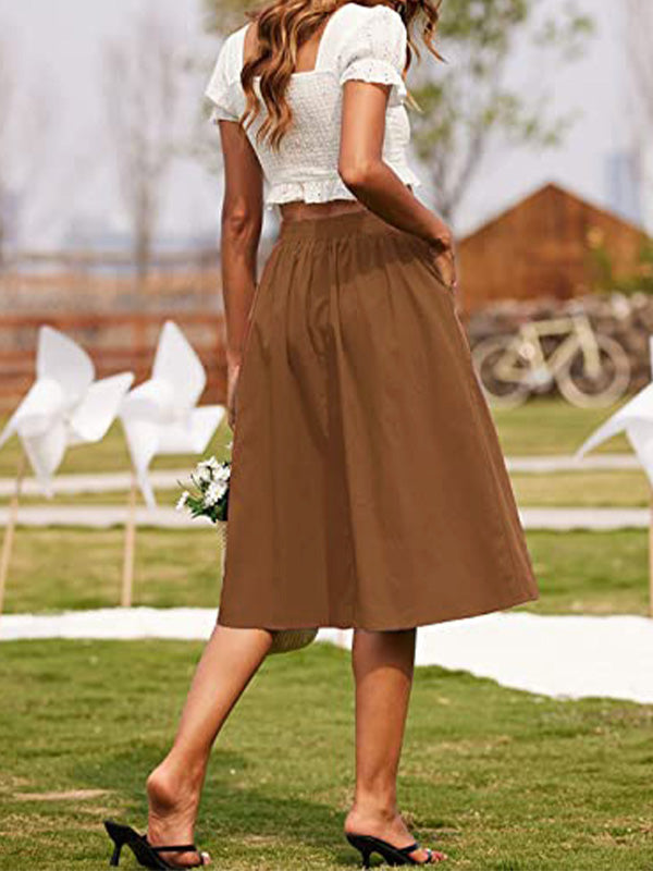 Gonna casual da donna a vita alta a linea ad A con bottoni, vita elasticizzata e tasche frontali, lavabile in lavatrice