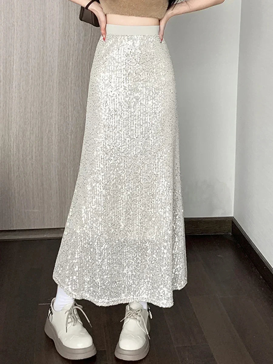 Gonna maxi da donna a vita alta con paillettes