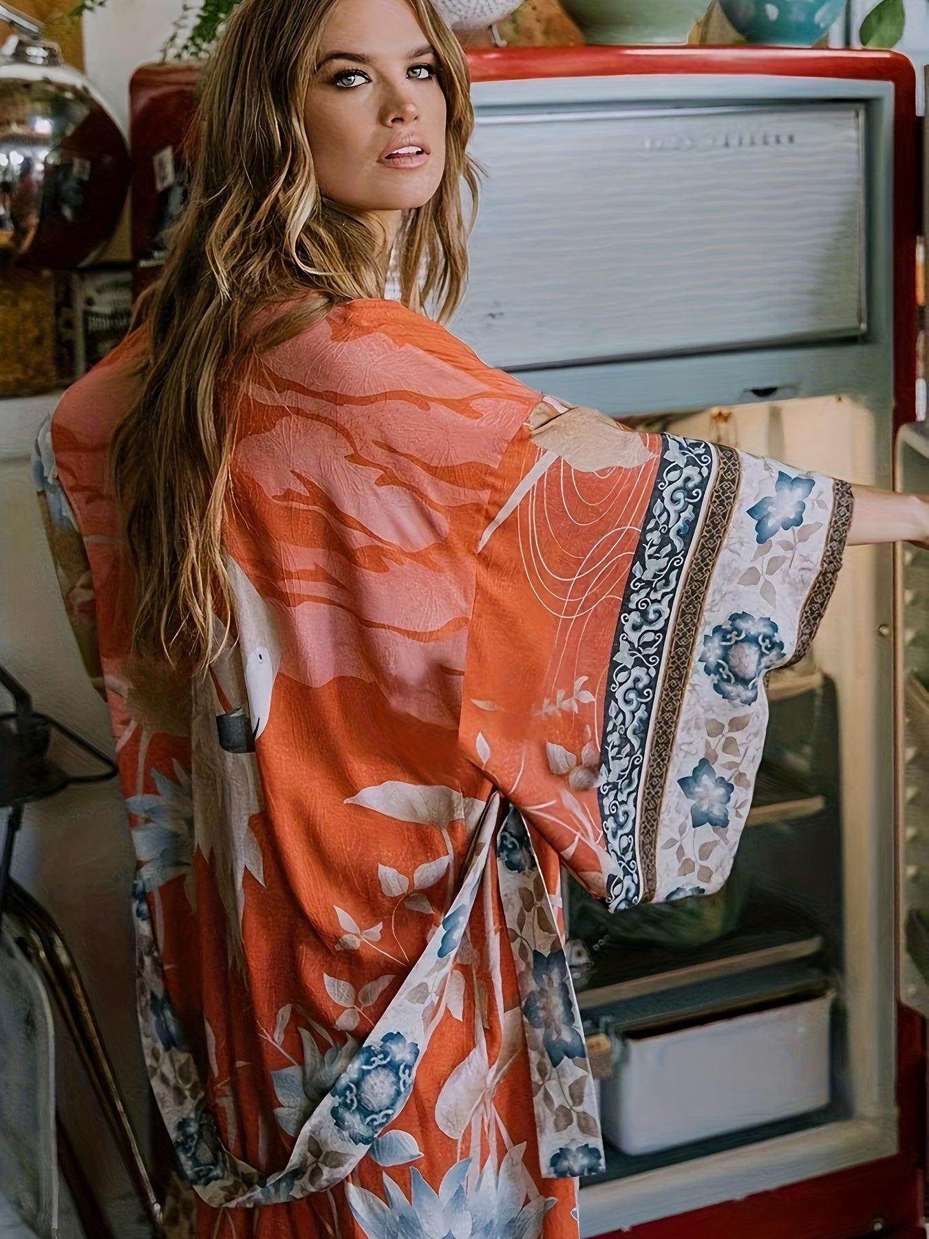 Kimono lungo da donna a fantasia floreale