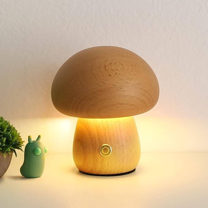 Lampada a fungo Portobello | Luce notturna ricaricabile in legno naturale