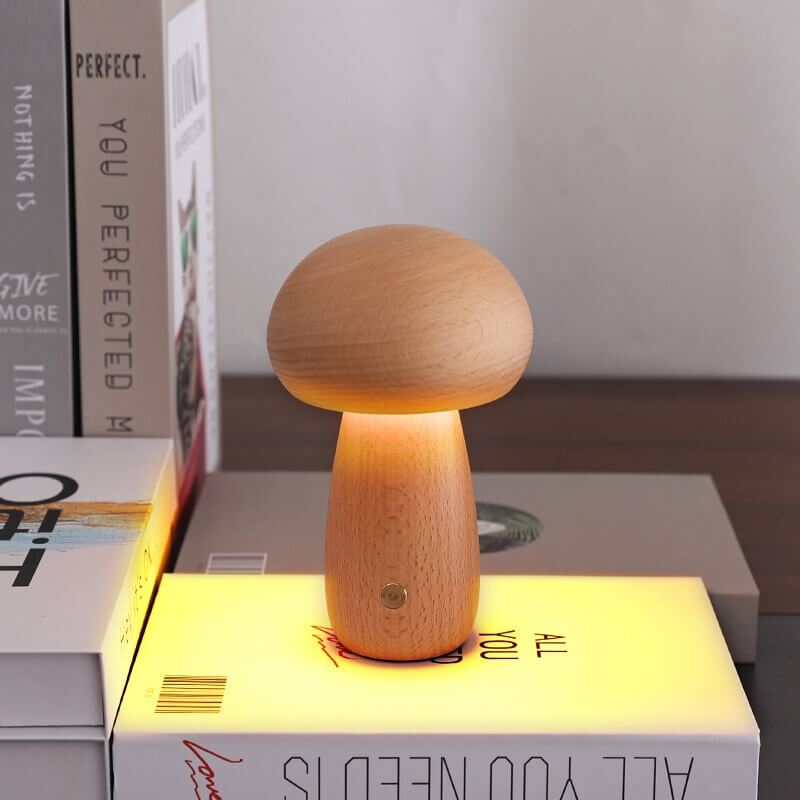 Lampada a fungo Portobello | Luce notturna ricaricabile in legno naturale