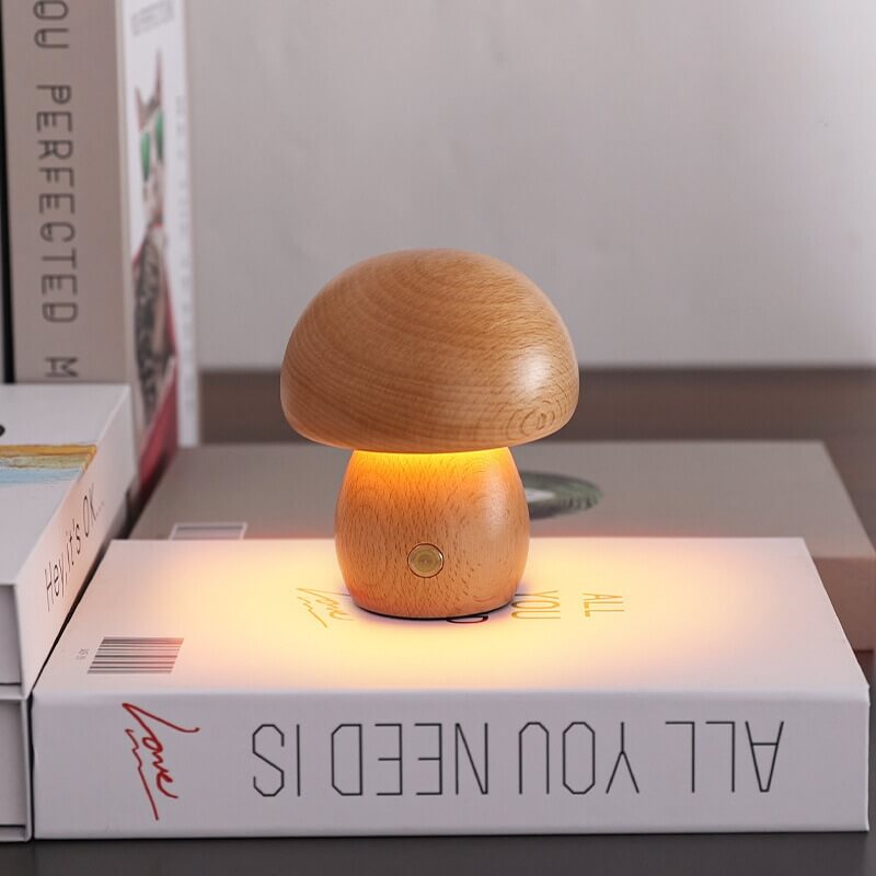 Lampada a fungo Portobello | Luce notturna ricaricabile in legno naturale