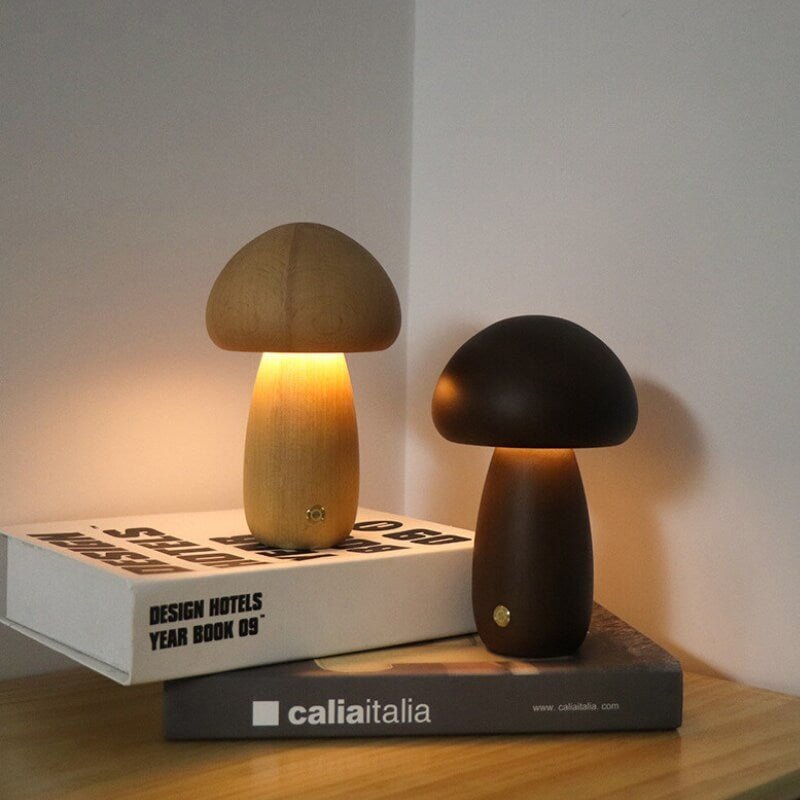 Lampada a fungo Portobello | Luce notturna ricaricabile in legno naturale