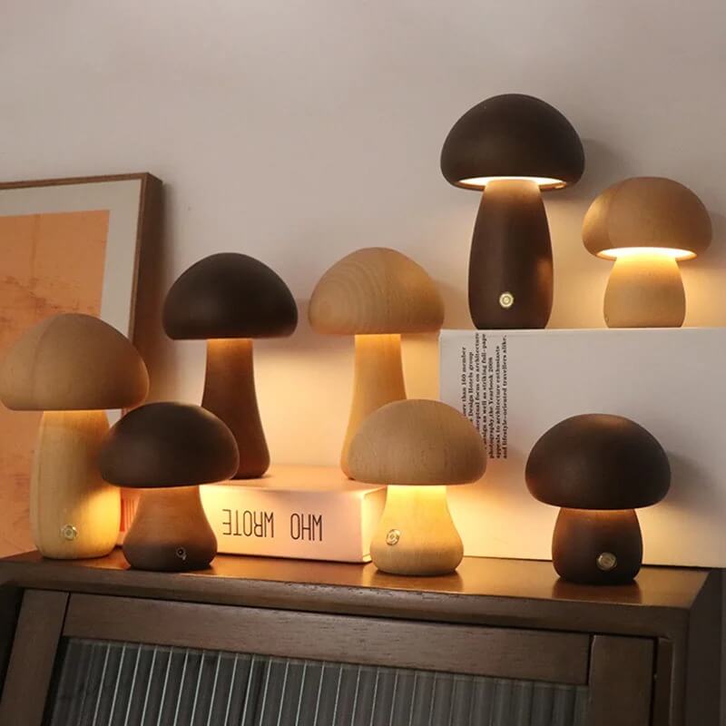 Lampada a fungo Portobello | Luce notturna ricaricabile in legno naturale