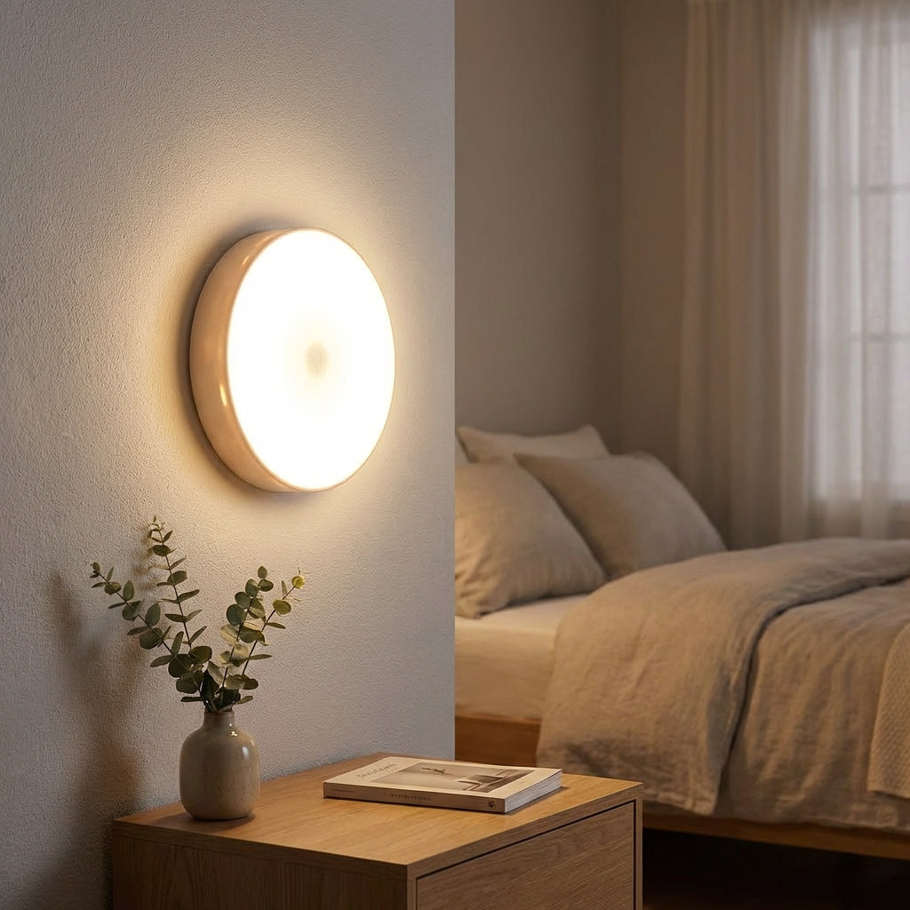 Lampada a LED con sensore di movimento e luminosità regolabile – rotonda, bianca, in ABS, montaggio senza fili
