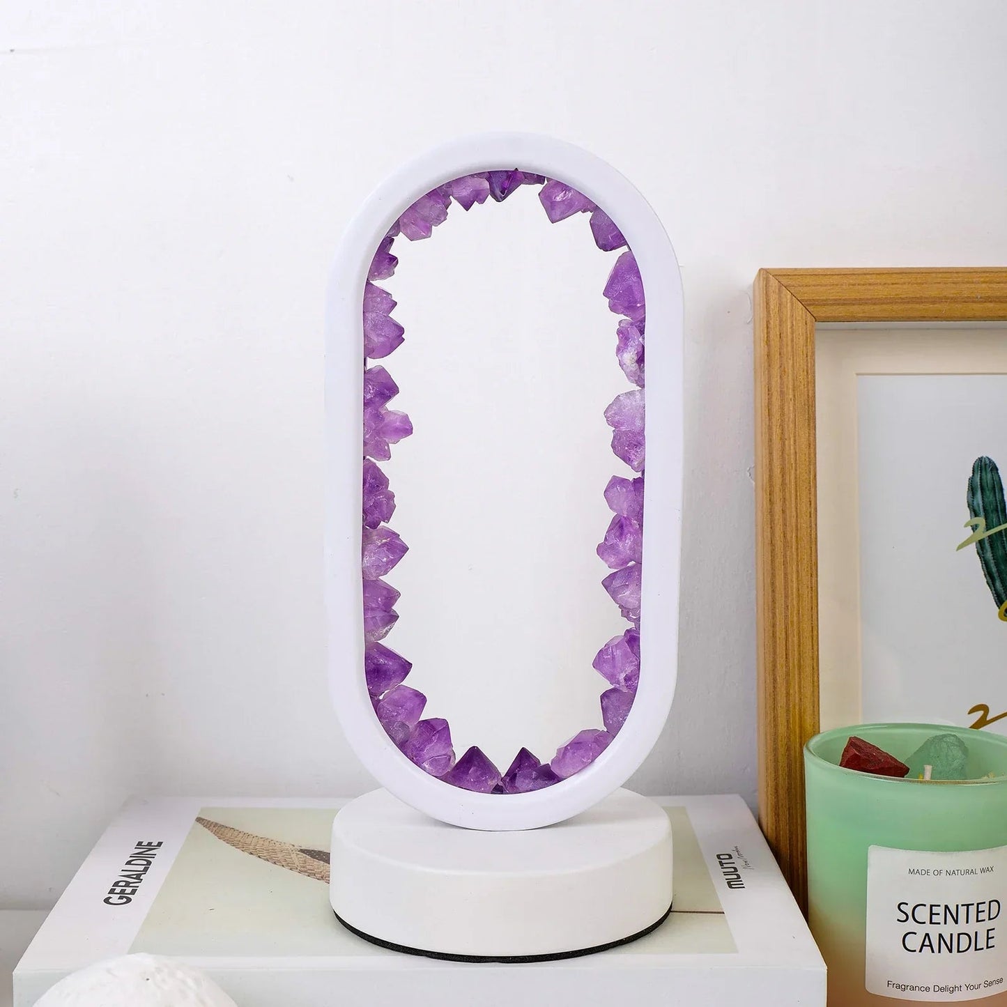 Lampada con cristallo naturale di ametista – luce rilassante per camera da letto e meditazione