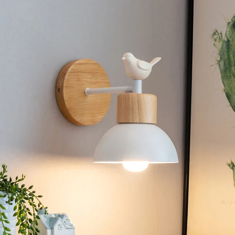 Lampada da parete in legno con uccellino in stile nordico | Applique a LED da comodino