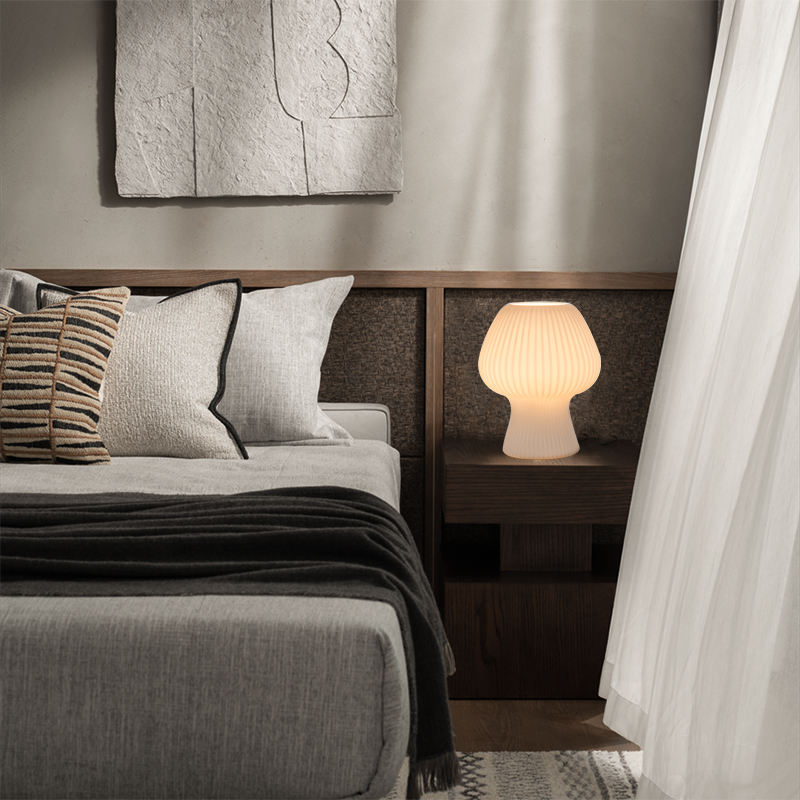 Lampada da Tavolo Vintage per Camera da Letto | Lampada a Fungo in Vetro Scanalato