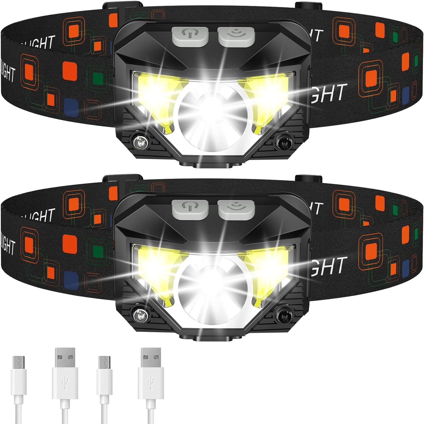 Lampada frontale a LED - ricaricabile, impermeabile, con sensore di movimento | Confezione da 2 pezzi
