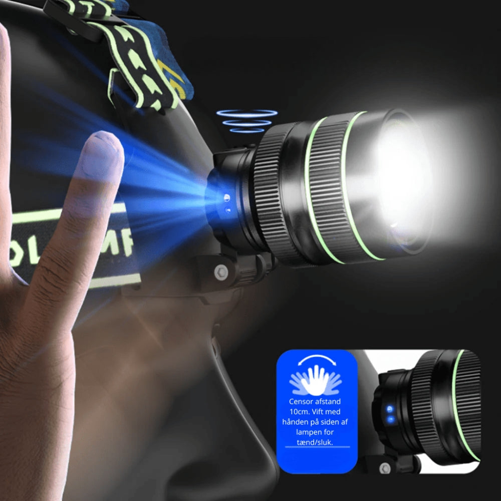 Lampada frontale da 10 000 lumen con fascio luminoso regolabile e funzione power bank