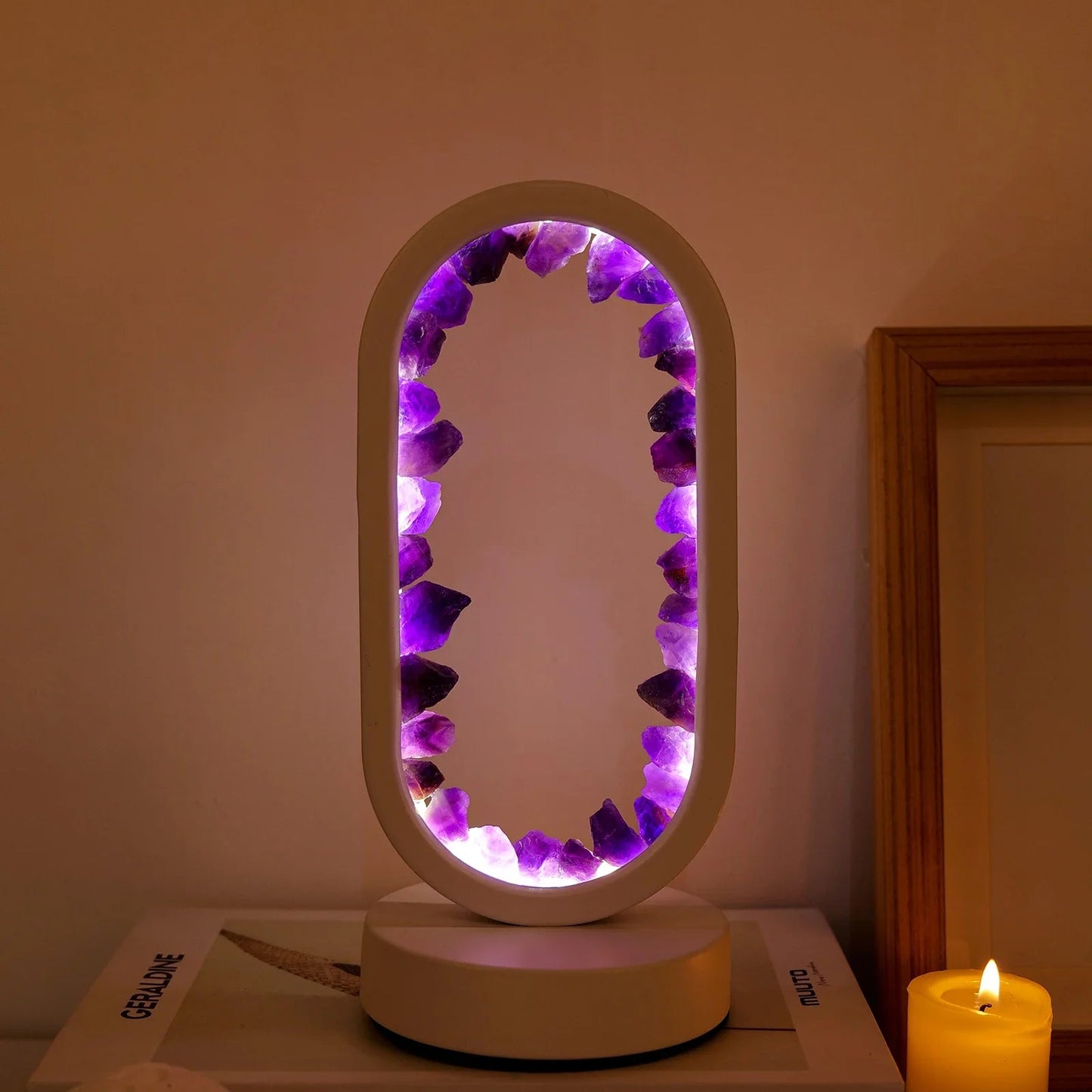 Lampada in ametista naturale – Lampada da interni viola fatta a mano per relax e meditazione