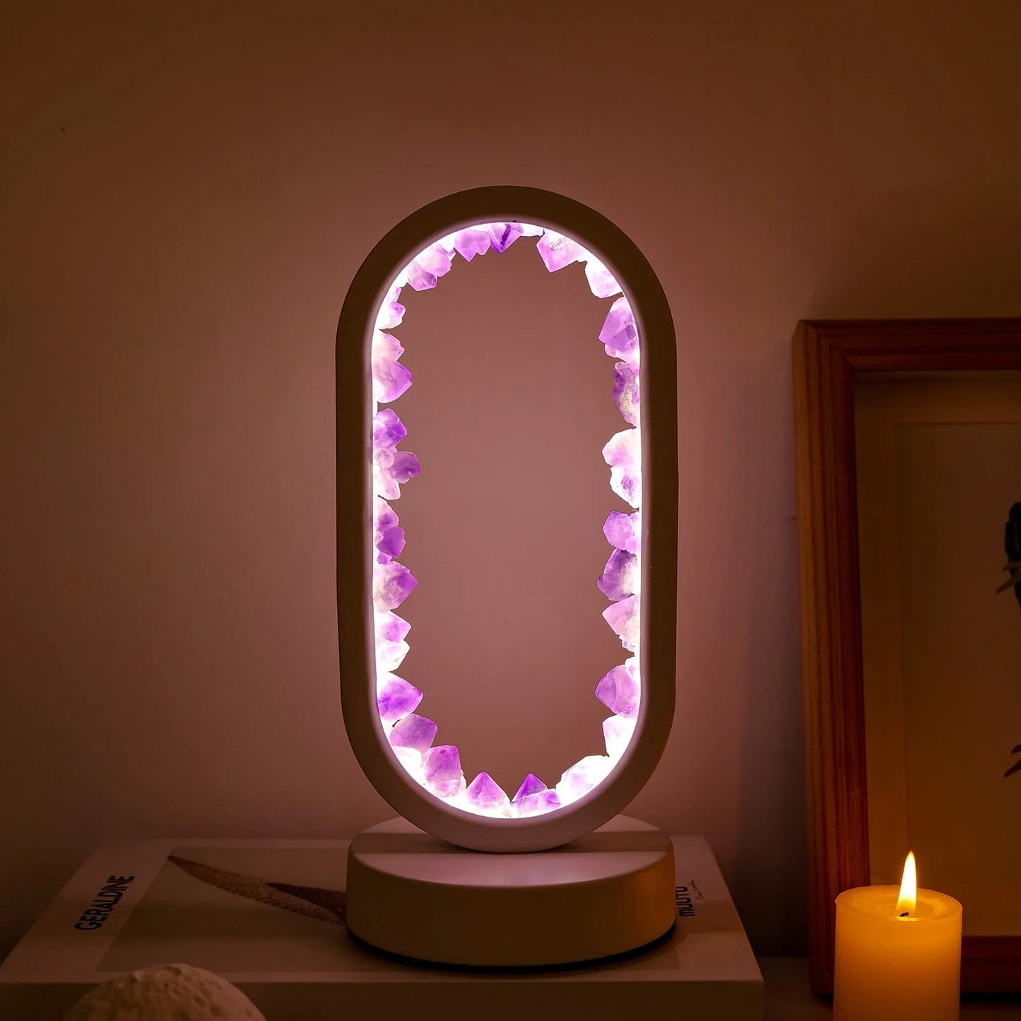 Lampada in ametista naturale – Lampada da interni viola fatta a mano per relax e meditazione