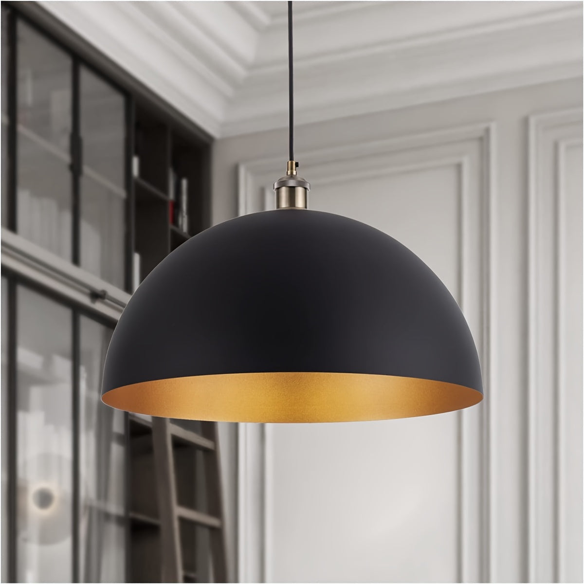 Lampadario a Sospensione Industriale Vintage con Paralume in Ferro Nero e Oro