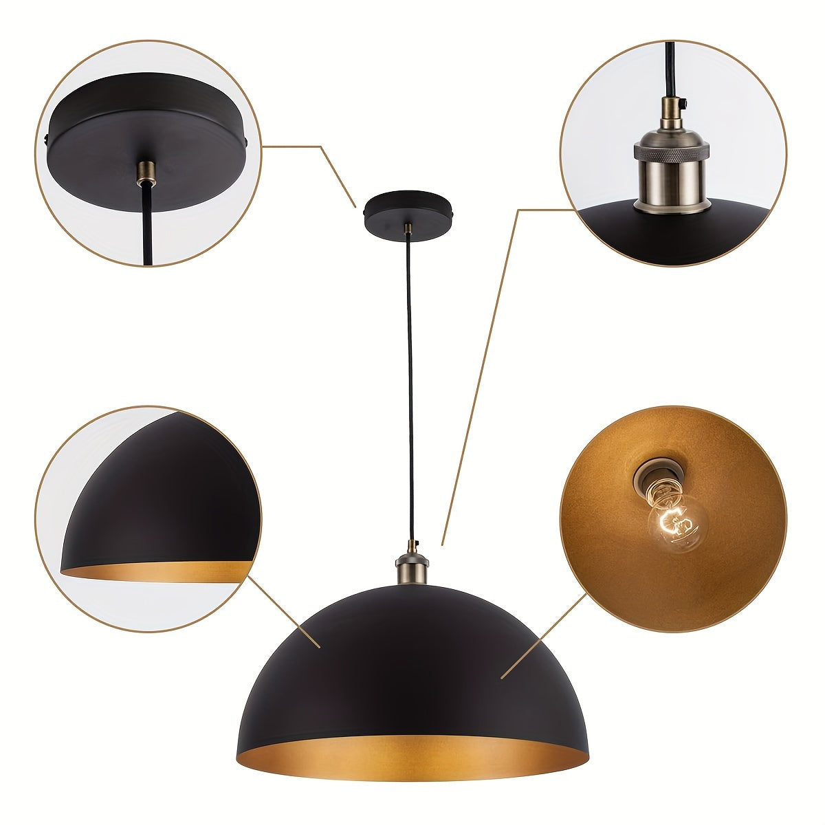 Lampadario a Sospensione Industriale Vintage con Paralume in Ferro Nero e Oro