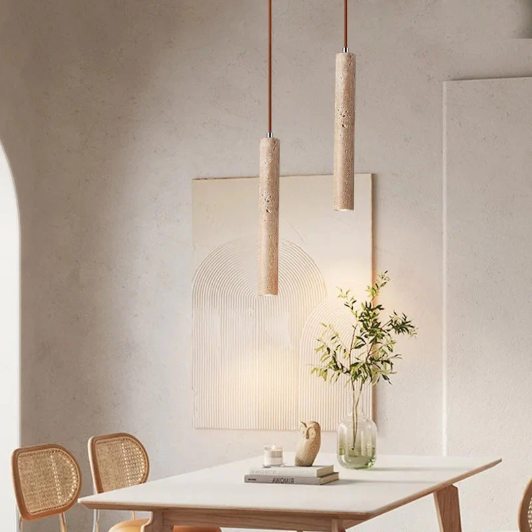Lampadario LED minimalista in travertino stile Wabi-Sabi