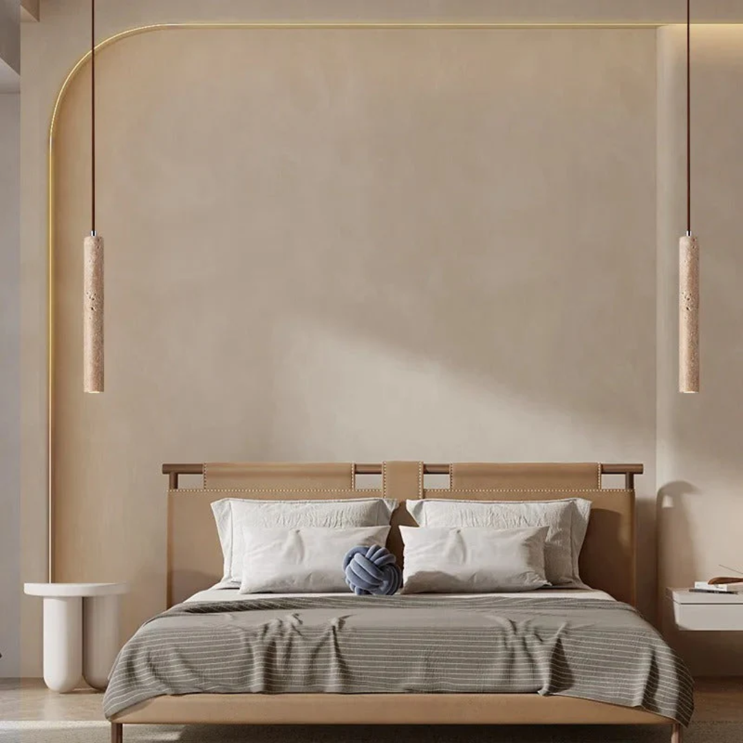 Lampadario LED minimalista in travertino stile Wabi-Sabi