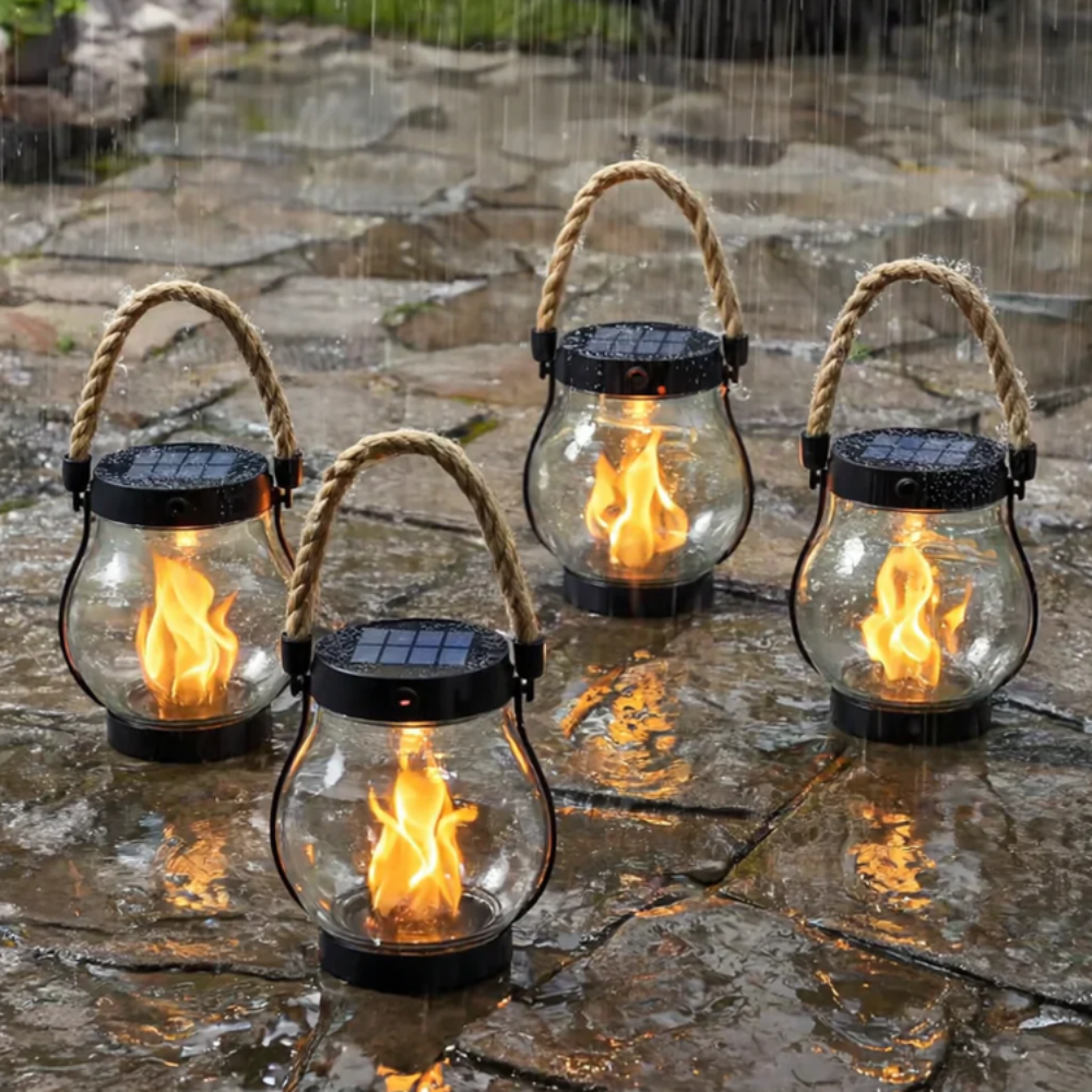 Lanterna solare sospesa ad effetto fiamma – illuminazione da giardino per esterni impermeabile