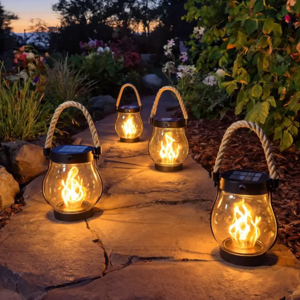 Lanterna solare sospesa ad effetto fiamma – illuminazione da giardino per esterni impermeabile