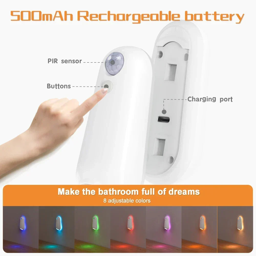 Luce notturna da WC con sensore di movimento, colori RGB, ricaricabile, impermeabile IPX3