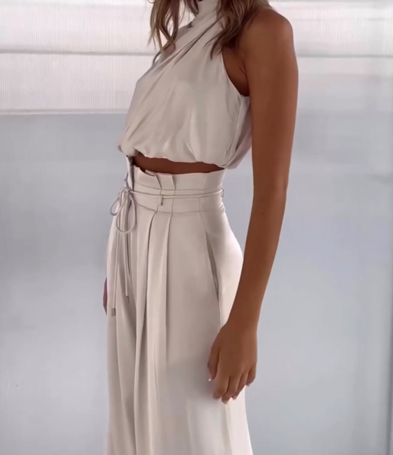 Lussuoso completo due pezzi con top elegante e pantaloni per feste e tutti i giorni