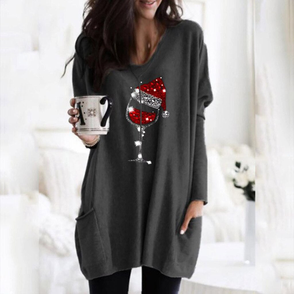 Maglione casual da donna con motivo bicchiere di vino e cappello natalizio