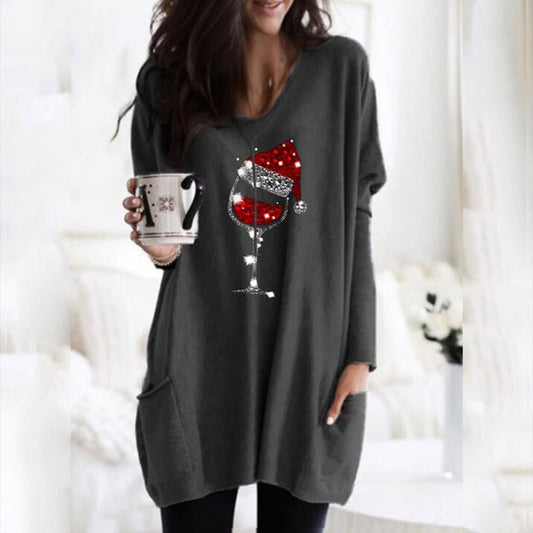 Maglione casual da donna con motivo bicchiere di vino e cappello natalizio