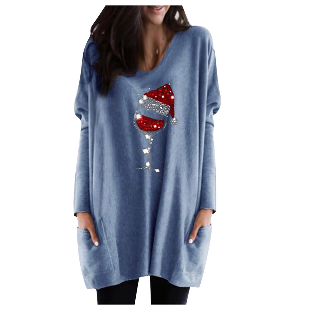 Maglione casual da donna con motivo bicchiere di vino e cappello natalizio