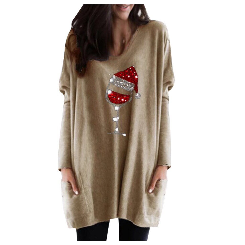 Maglione casual da donna con motivo bicchiere di vino e cappello natalizio