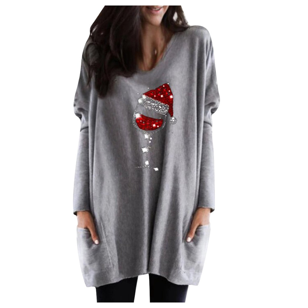 Maglione casual da donna con motivo bicchiere di vino e cappello natalizio