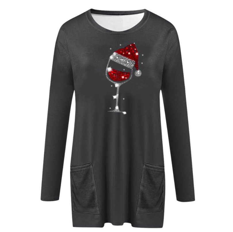 Maglione casual da donna con motivo bicchiere di vino e cappello natalizio