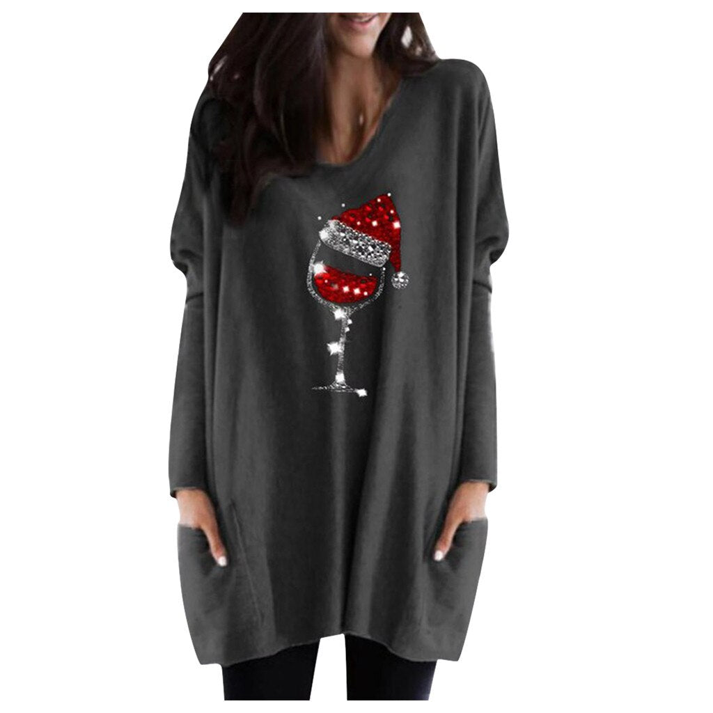 Maglione casual da donna con motivo bicchiere di vino e cappello natalizio