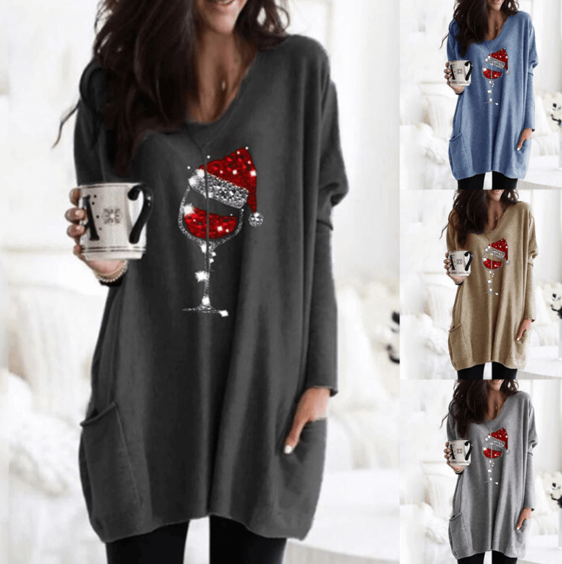 Maglione casual da donna con motivo bicchiere di vino e cappello natalizio